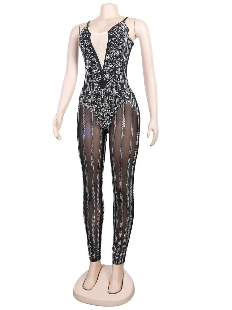 Kricesseen Sexy Rhinestone Crystal Sheer Skinny Jumpsuits Women Strap Mesh Patchwork s Rompers Night Clubwear Outfits 250521