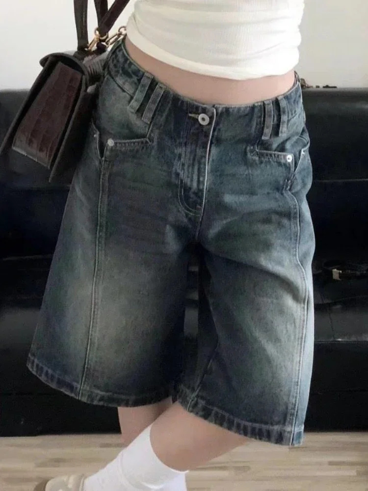 HOUZHOU Y2K Vintage Women Denim Shorts Baggy High Waist Korean Wide Leg Jorts Casual Oversize Washed Jeans Streetwear Summer 250604