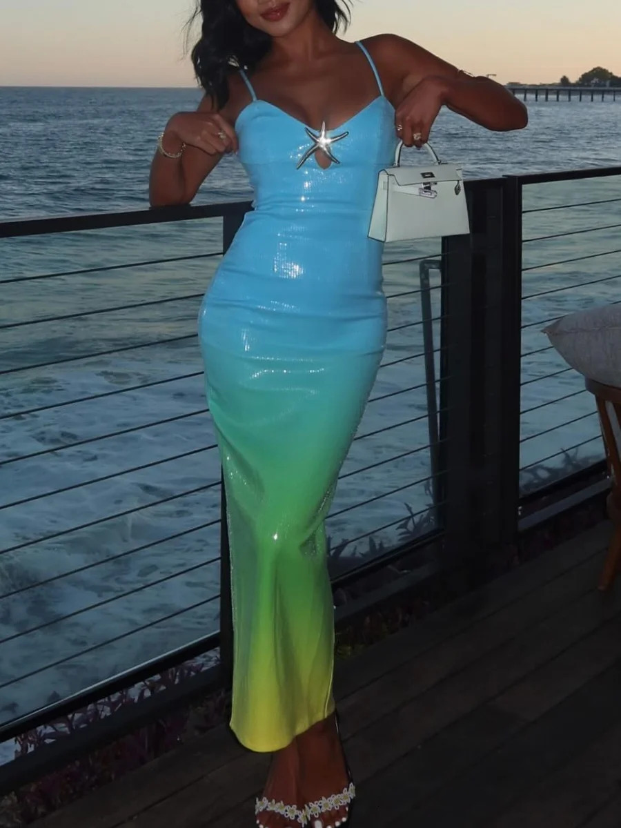 Women Y2k Sequin Maxi Dress Fashion Gradient Print Backless Bodycon Long Dress Colorful Spaghetti Strap Beach Elegant Sundress 250604