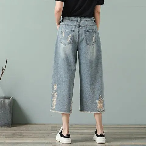 Ripped Jeans Woman CalfLength Pants Womens Wide Legs Loose Thin Summer Retro Denim High Waist Baggy Korean Fashion Clothes 250604