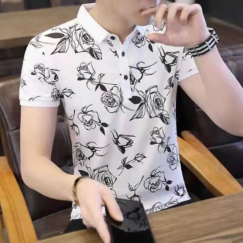 Man 100. Cotton Polo Shirts Print Skinny with Collar T Shirt for Men Party Fashion High Quality Luxury Short Quarter Sleeve HotXJ250605
