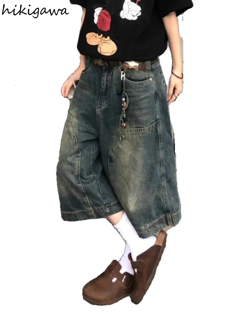Streetwear BF Blue Jeans Women Vintage Summer Y2k Shorts Wide Leg Pants High Waist Straight Casual Denim Trousers Womens Pants 250604