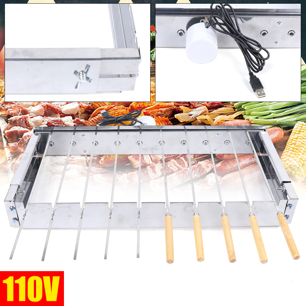 10 Holes Automatic Rotating Skewer Turner, Outdoors Portable Automatic BBQ Flipping Rotating Rotisserie Grill Skewer Shelf, Stainless Steel Adjusted W