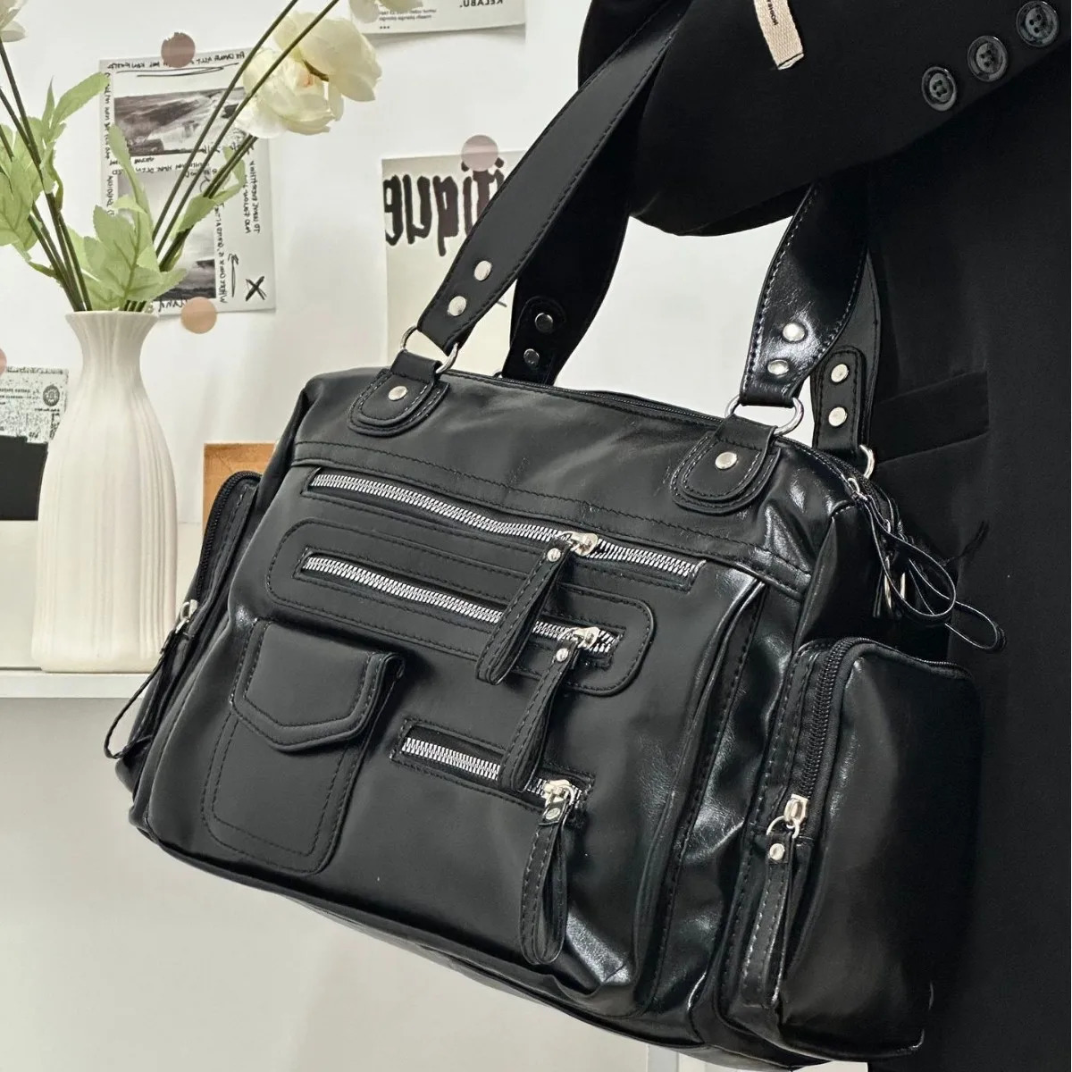 Retro Tote Bag PU Soft Motorcycle Bags Travel Zipper Pocket Fashion Crossbody Pack Outdoor Camping Hiking Weekend Satchel Women 250530