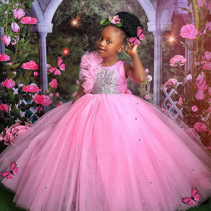 Pink Little Kids Birthday Party Dresses Jewel Lace Appliqued Beaded Flower Girl Dresses Tiered Tulle Flowergirl Dress Commuication Dress Gowns for Bla