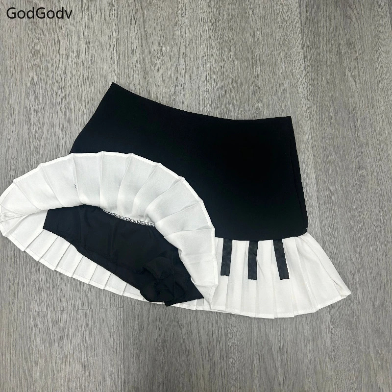 Spring Black White Spliced Women Short Skirt 2025 Y2k Slim Harajuku Mini Skirt Female Empire Korea Style Chic Piano Skirt 250605