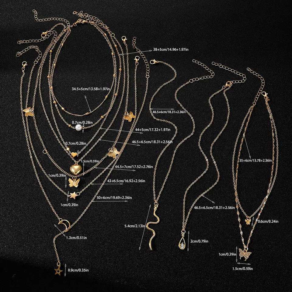 9 Pcs Multi-layered Gold Color Necklace Set for Women Fashion Zircon Pearl Heart Butterfly Star Moon Snake Pendant Necklaces Set XJ250604