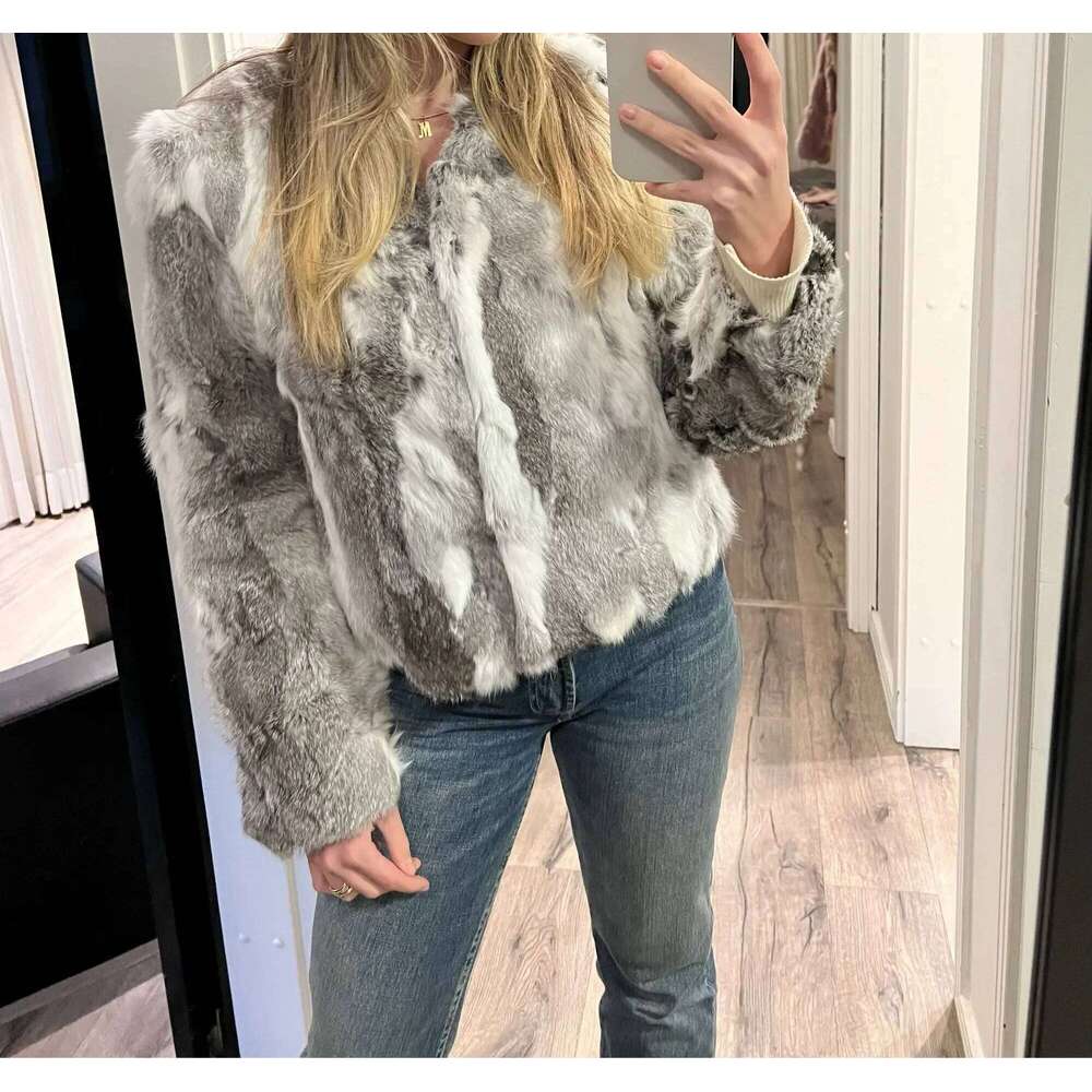 New Women Fashion Real Genuine Natural Rabbit Fur Coat lady warm V-neck jacket NZ126