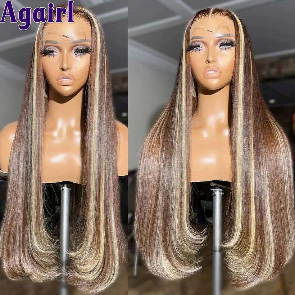1B/27 Highlight 13X4 13x6 Frontal Human Hair Wigs 200% Blonde Brown Ready Go PrePlucked 34Inch Bone Straight Lace Front Wig