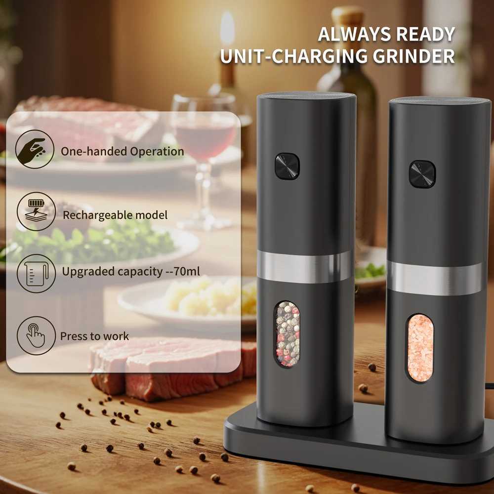 Rechargeable Electric Salt and Pepper Grinder Set USB Spice Salt Pepper Mills With LED Light Adjustable Coarseness Base-Charging X250605