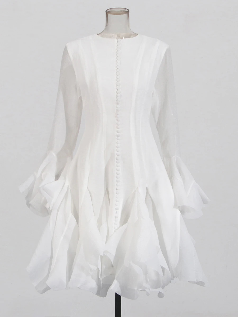 TWOTYLE Womens Dress Irregular Pleated Patchwork Fashion Long Lantern Sleeve Waist Cinching Mini Dresses 2024 Clothing 250526