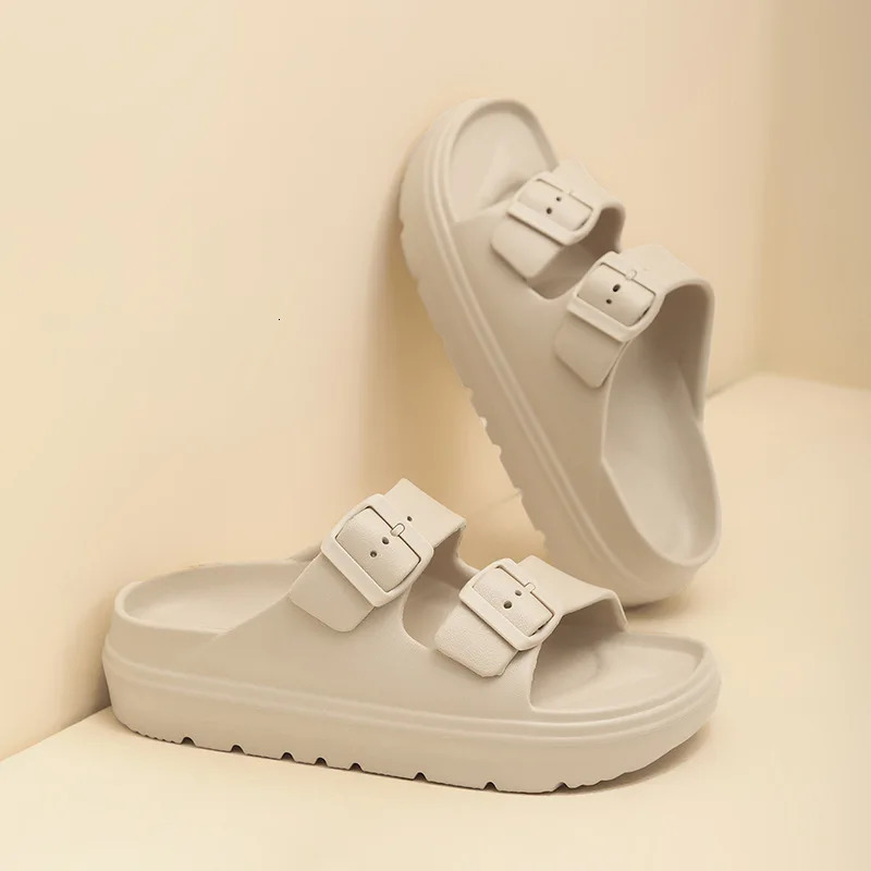 Kidmi Summer Platform Womens Slippers Outdoor Double Buckle Embellished Sandals Nonslip Breathable Softsoled Beach Shoes 250605
