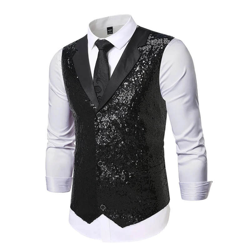 Fashion Men Sequin Suit Vest Loose Splicing Top Singer Pianist Stage Performance Dress Waistcoat 250605Z