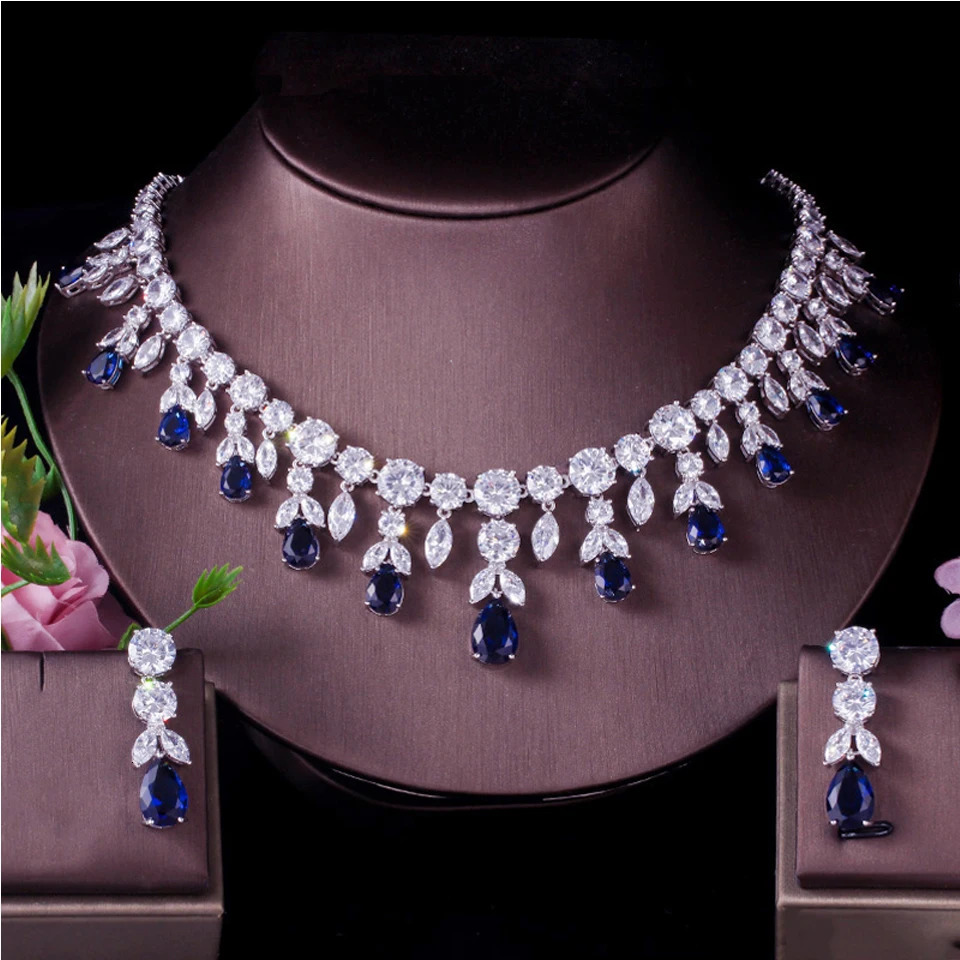 ThreeGraces Green CZ Stone Earrings Necklace Set Brilliant Big Long Drop Wedding Bridal Dress Jewelry Set for Women JS256 250530