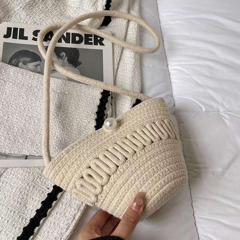 Crossbody Straw Phone Coin Key Hollow Cotton Thread Woven Casual Cute Women's Bag