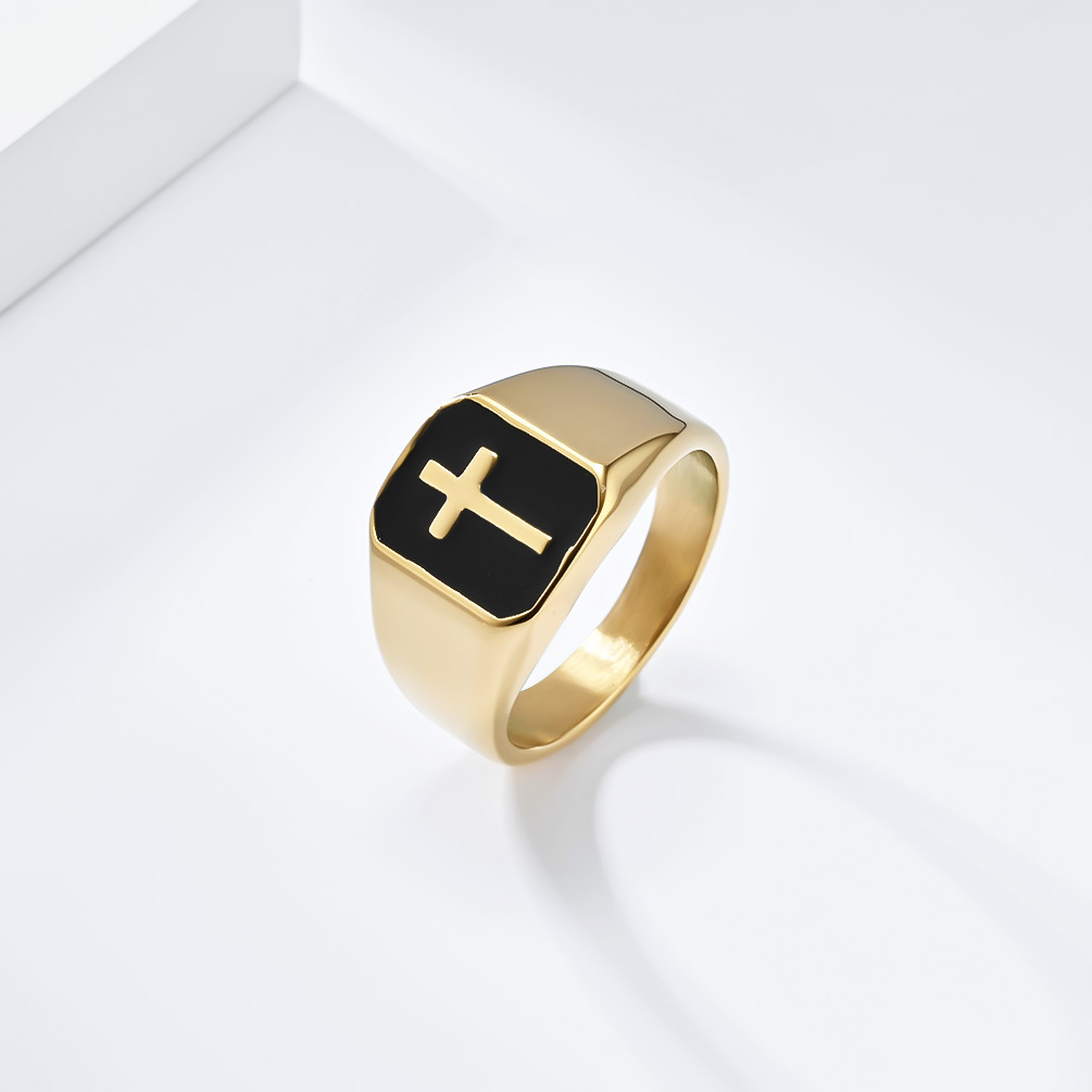 Hip Hop Square Ring Black oil drop Stainless Steel Cross 18K Gold Plated Jewelry