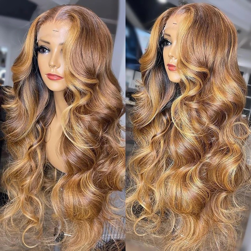 13x6 Highlight Lace Frontal Wig Human Hair Body Wave Ombre Colored Honey Blonde Lace Front Human Hair Wigs For Women Pre Plucked Synthetic