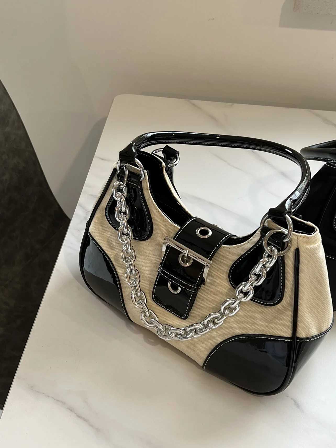 Inner y2k bag cool patent leather+ canvas underarm bag vintage women Metal Chain shoulder bag for female totes XJ250605