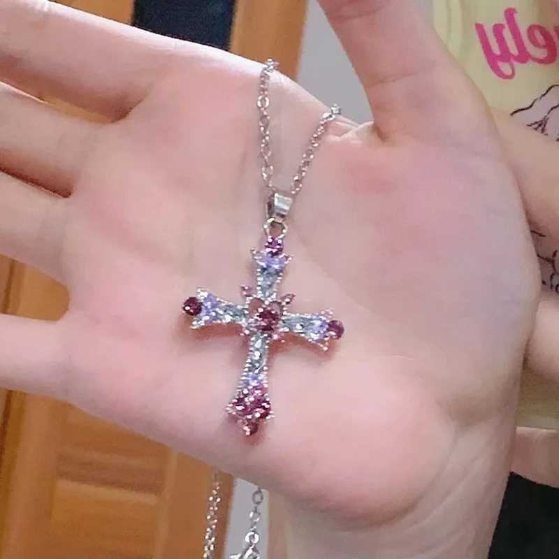 Y2K Zircon Cross Necklace Pink Purple Love Heart Cross Pendant Necklaces for Women Gothic Jewelry Party Girls Accessories 2023 XJ250604