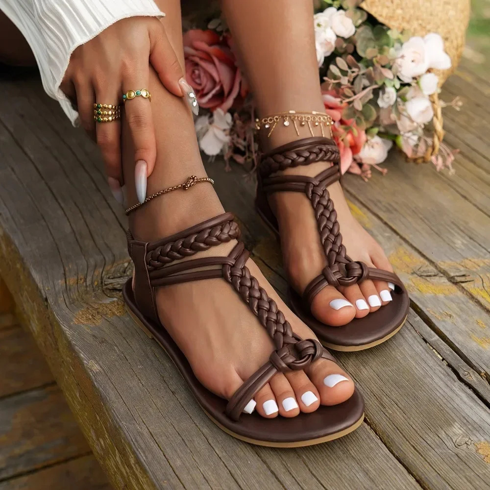 Fashion Weaving Roman Sandals for Women Summer TStrap Flat Woman Plus Size Comfort NonSlip Beach Shoes Ladies 250605