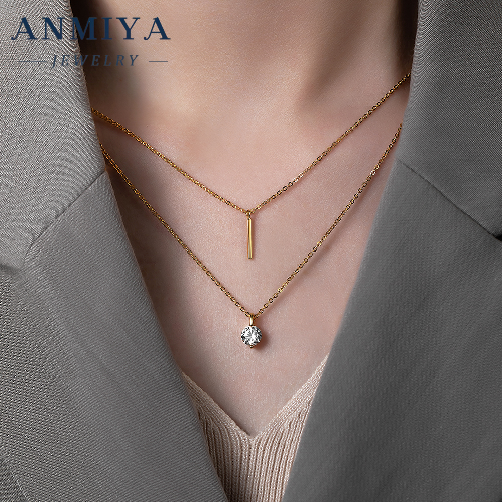 Minimalist Silver Jewelry Double Layered Necklace, Geometric Pendant with Zircon Accented , 925 Delicate Necklace for Daily