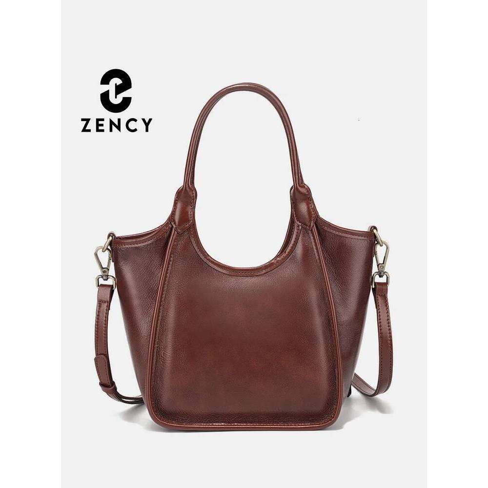 Zency Oil Wax Leather Top Handle Bags for Women Trendy 2025 Vintage Shoulder Purse Versatile Medium Size Handbag For Commute