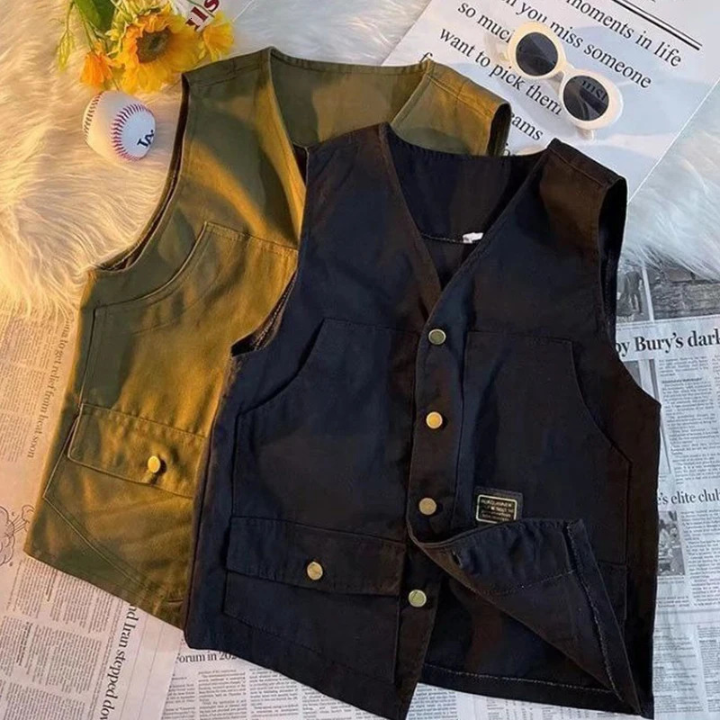 Japanese Retro Multipocket Workwear Vest Men Women in Summer Hong Kong Style Loose Versatile Waistcoat Sleeveless Cityboy 250605Z