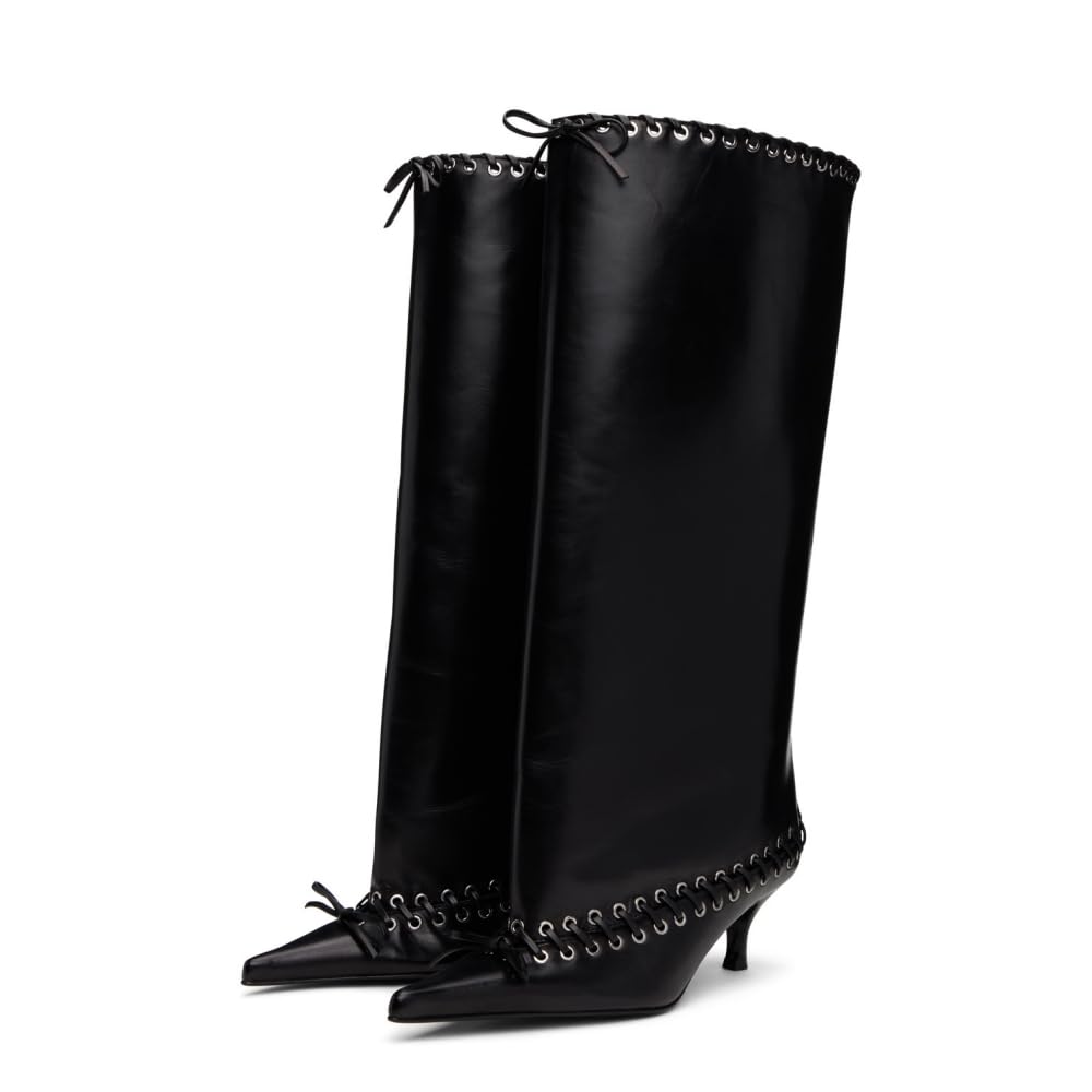 ARQA Laced Embellishment Knee High Boots Women Metal Eyelets Pointed Toe Tall Boots Kitten Heel Bow Tie Long Boot