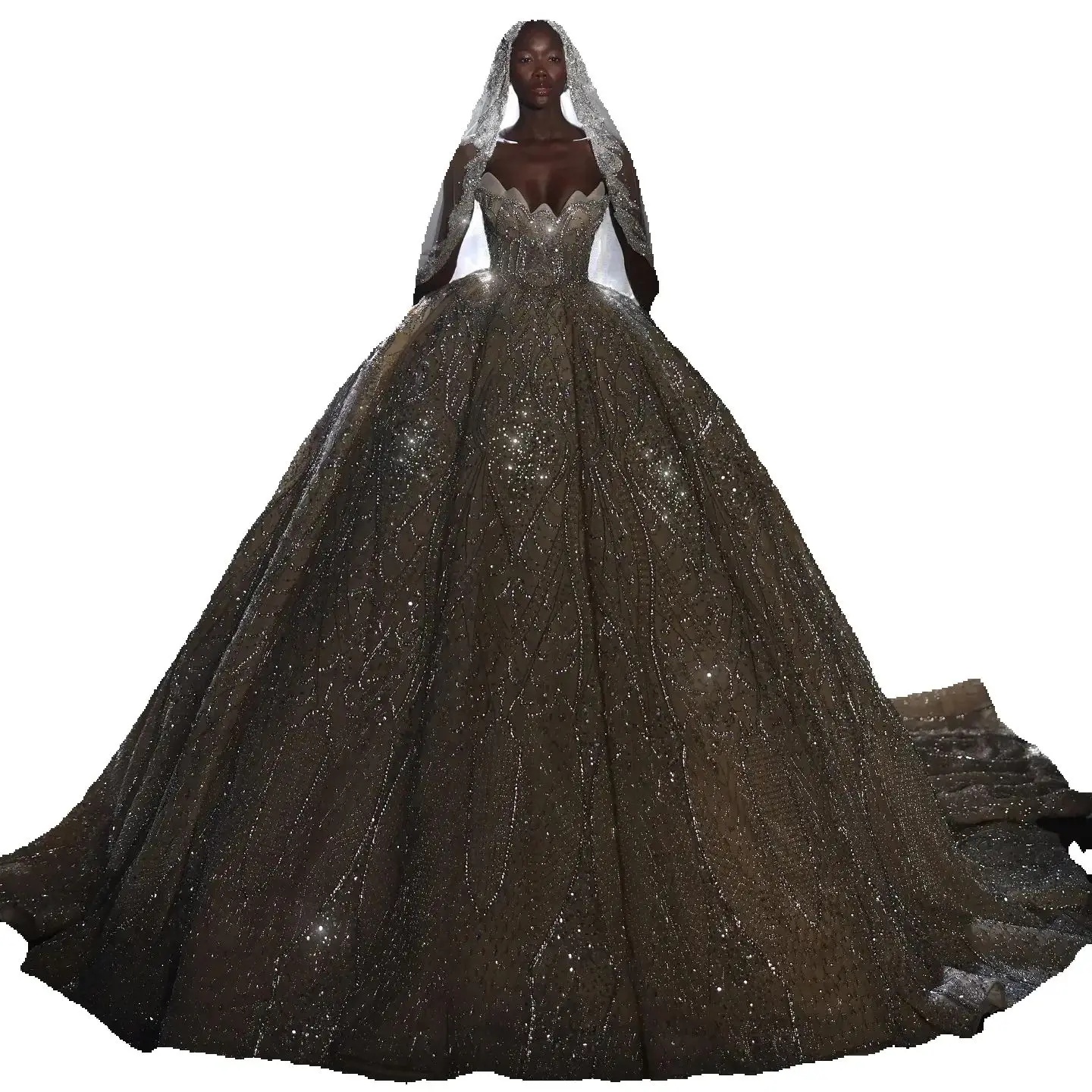 Gorgeous Champagne Crystal Ball Gown Wedding Beaded Strapless Bridal Gowns Arabic Sequined Sweep Train vestido de novia