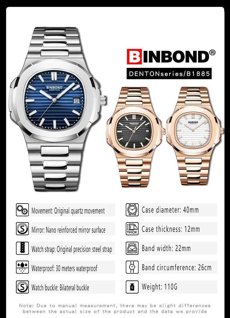 BINBIND 1885 Fashion Business Mens Quartz Watch Sports Night Light Waterproof Luxury Mens Quartz Watch 2025 Y250605