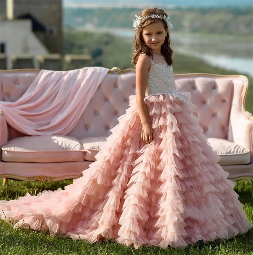 Blush Pink Flower Girls Dresses 2025 Ruffles Skirt Ballgown Long Train Little Girls Birthday Party Dress Sleeveless Lace Appliques Bodice