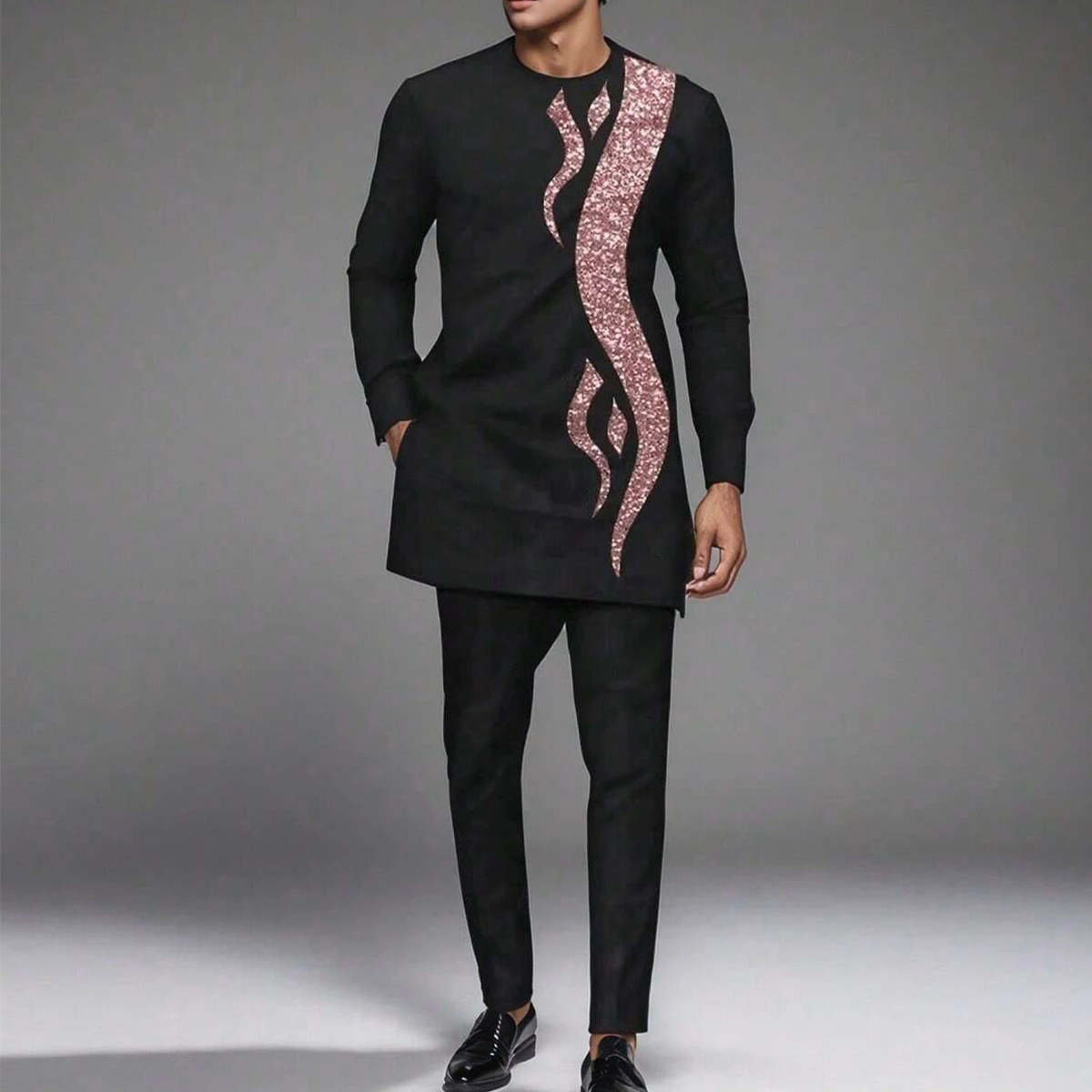 Kaftan Africa Full Mens suit Long sleeve solid color top pants suit Elegant business party wedding mens suit 250603