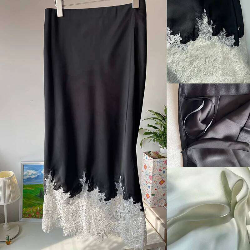 Fairy Lace-Trim Satin Midi Skirt High Wasit Elegant Wrapped Hip Long Skirts Party 2025 Fashion Trends Summer Women Clothing