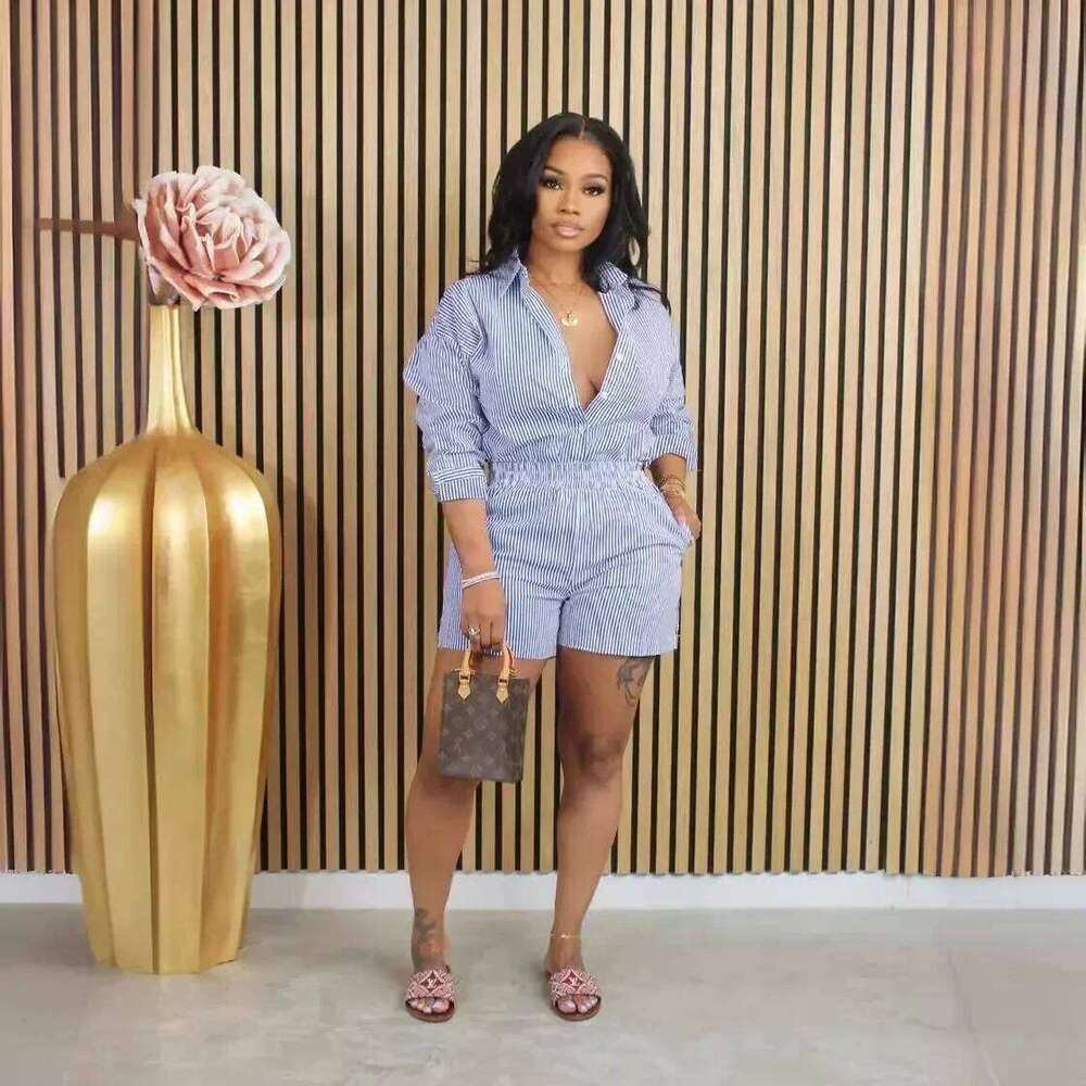 European Style Striped Print Shorts Summer Casual Two Pieces Clothes Set Matching Suit Outfits