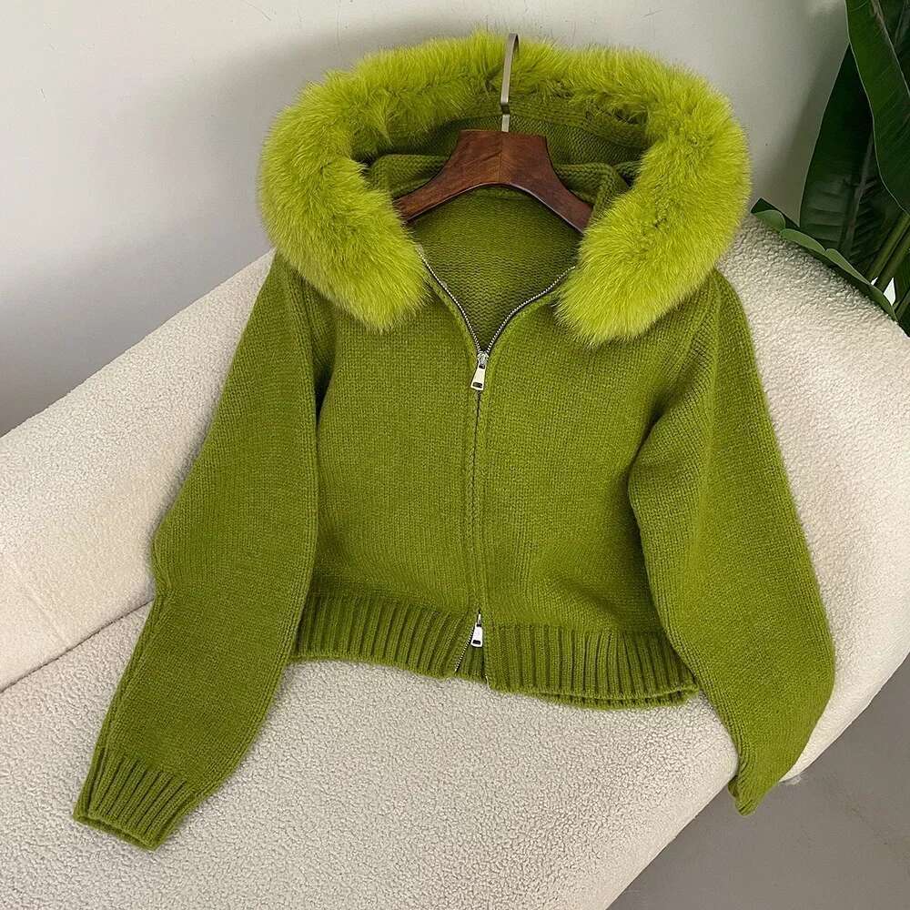 Hooded Real Fox Collar Cardigan Natural Fur Coat for Women Casual Short Knitted Jacket 2024 Fashion Autumn Winter luanyun
