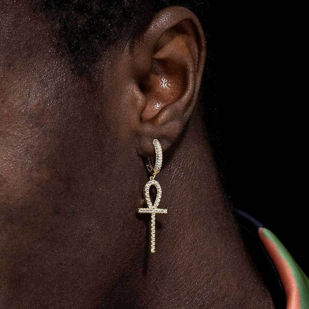 New hip hop Earrings Anhe key Cross Earrings mens and womens Micro set zircon personalized Anka Earrings moissanite
