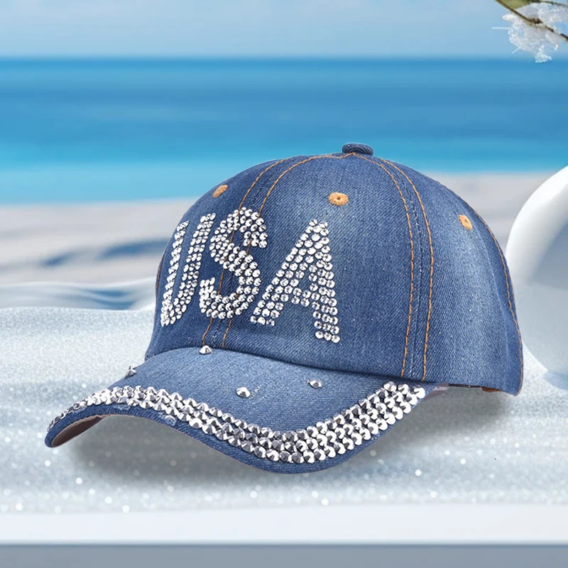Women s Sparkling Rhinestone Embellished Adjustable Baseball Cap with Ponytail Opening for 4th of July Celebration 250603
