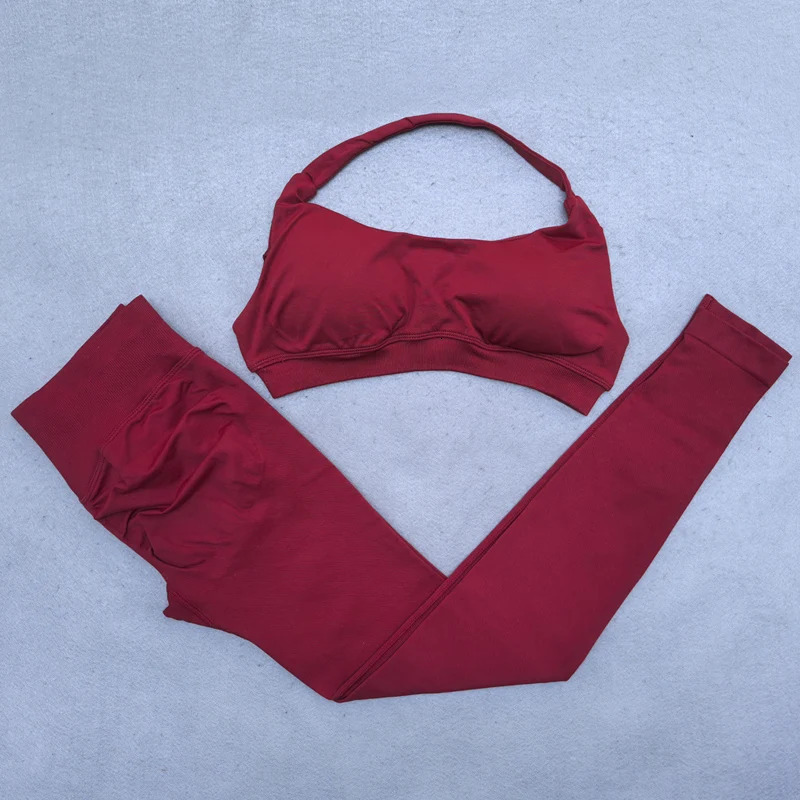 Legging Set Seamless Yoga Set Women Sportswear Scrunch Bum Gym Leggings Halter Sports Bra 2 Piece Workout Clothes 250605