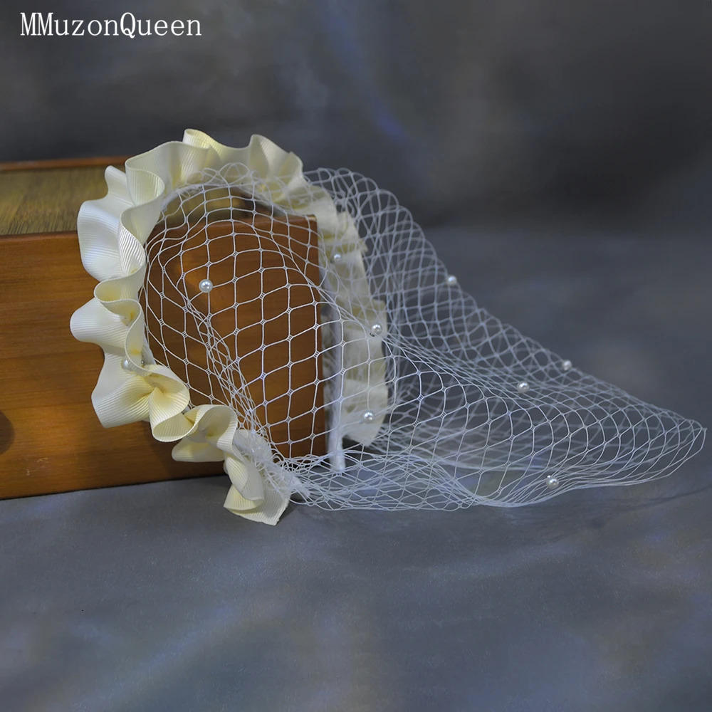 MMQ Women Veil Fishbone Line With Headband Pearl Bridal Hair Accessories Vintage Po Accessory MA11 250530