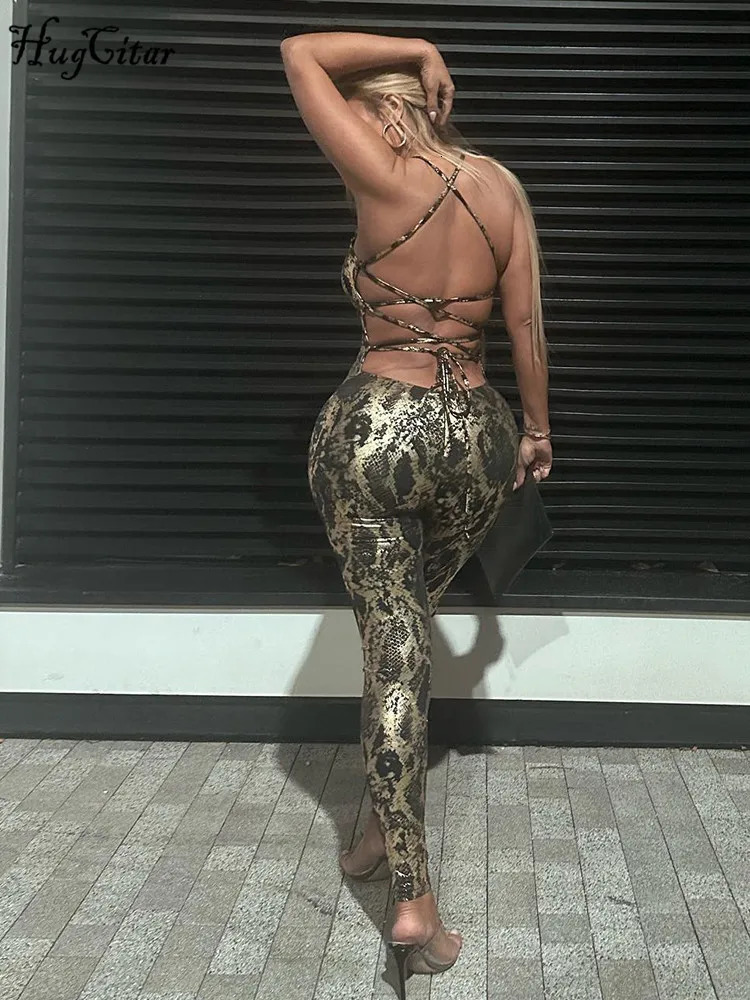 Hugcitar Shine Slips Patchwork Backless Lace Up Sexy Bodycon Skinny One Piece Jumpsuit Summer Fashion Romper Vacation Streetwear 250604