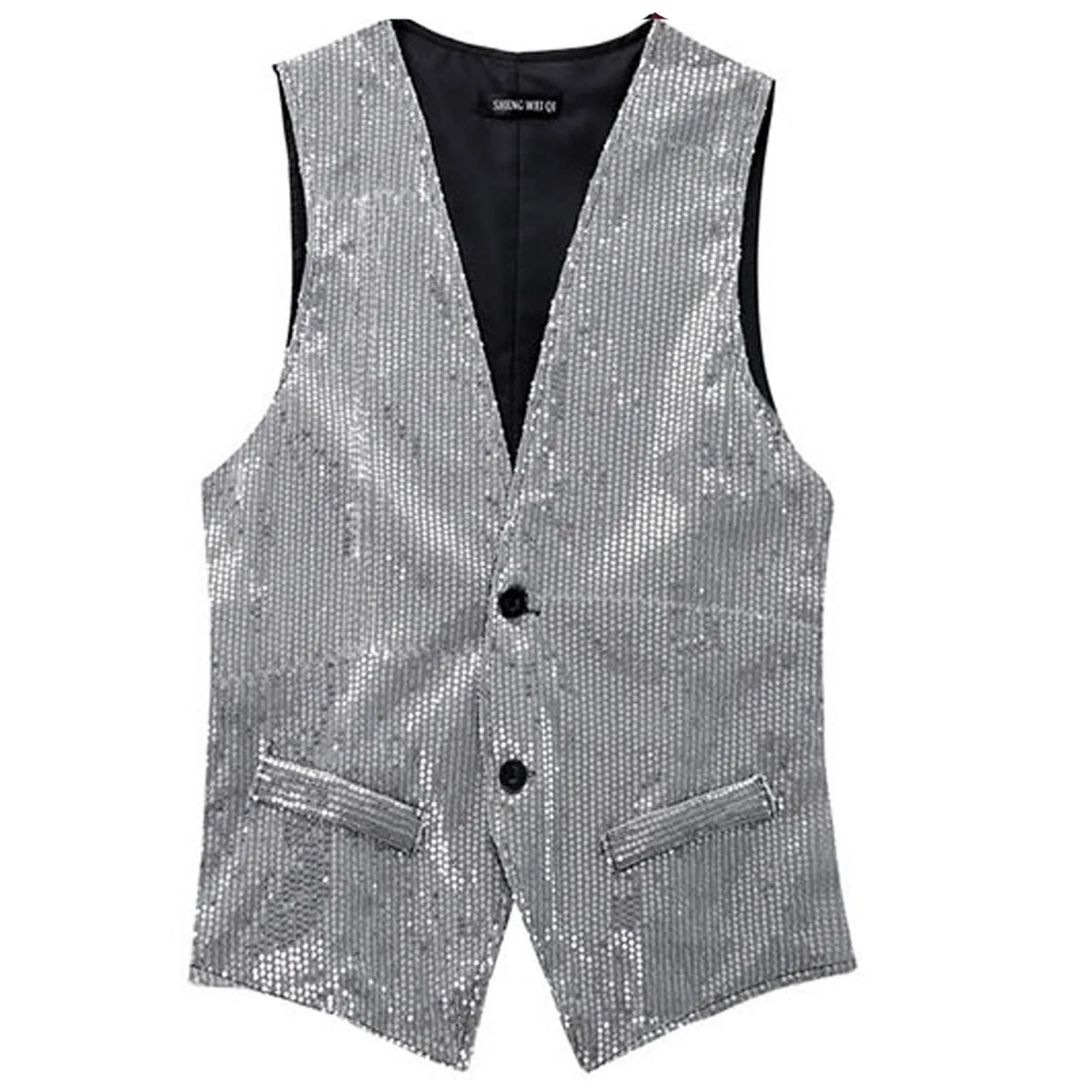 Sleeveless Sequin Waistcoat Mens Vest Sexy Vneck Wedding Party Dancer Singer Jacket Yellow Blue Black Sequins Coat 250605Z