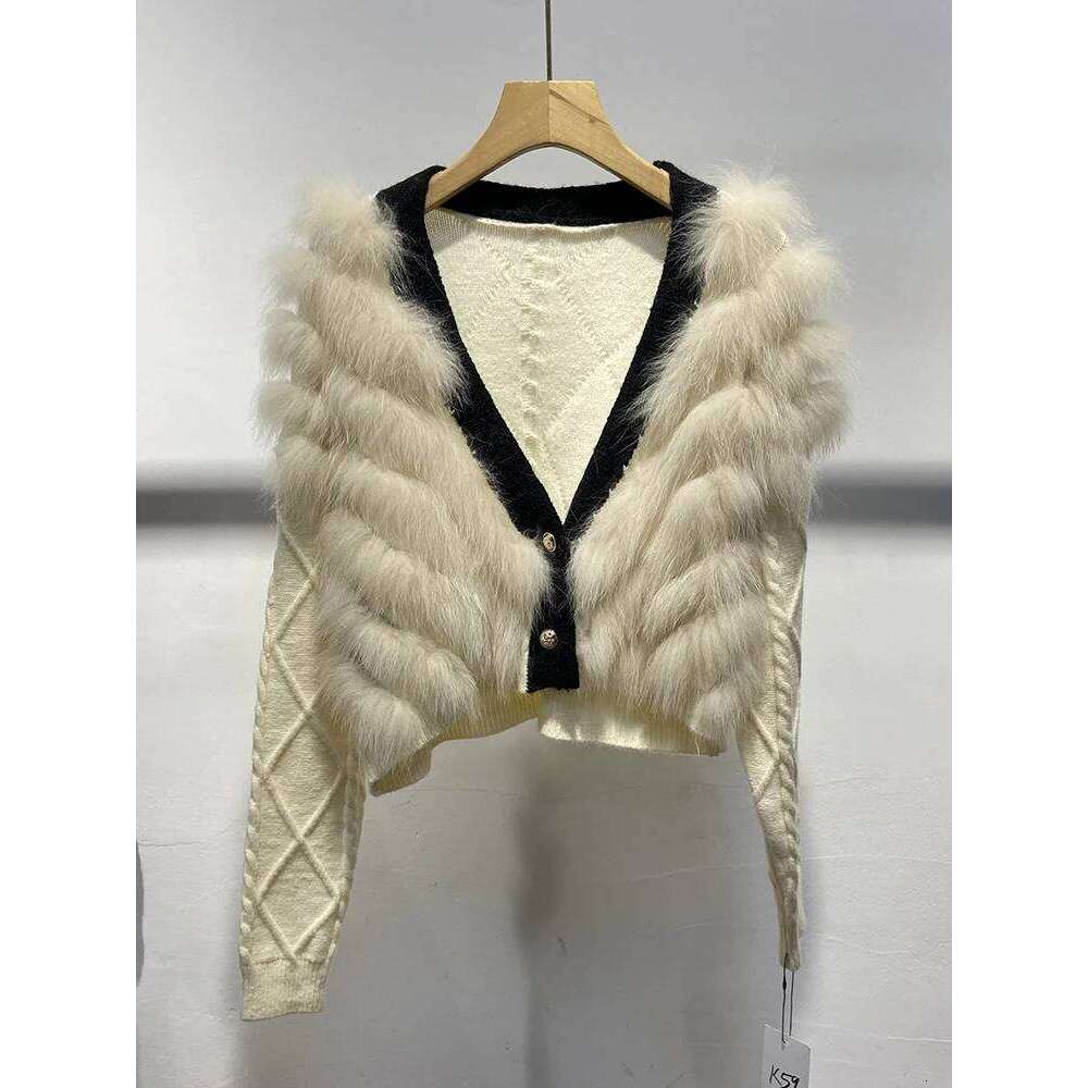 2024 Autumn Women Khaki Fox Sweater Real Fur Spring Special Design Knitted Jacket Wear