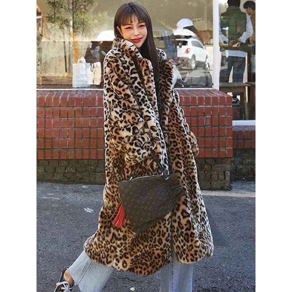 Faux Fur Women Long Coats Autumn Winter Leopard Print Jackets Turn Down Collar Maxi Full Sleeve Coat Thick Warm Open