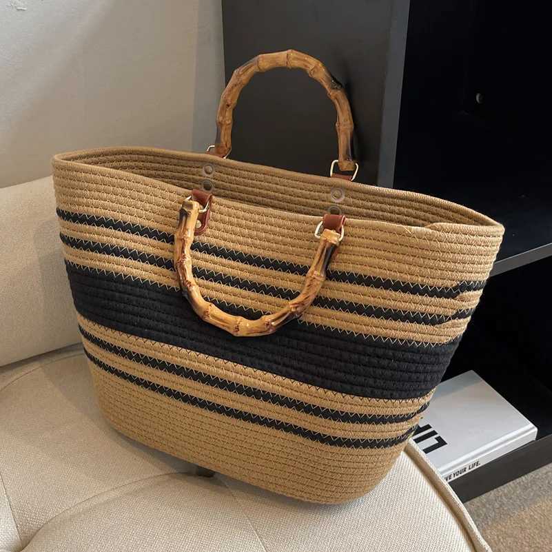 Vintage Knitted Bag Womens Cotton Striped Weaving Bamboo Handle Large Capacity Weaving Handbag Weaving Tote Bag XJ250605