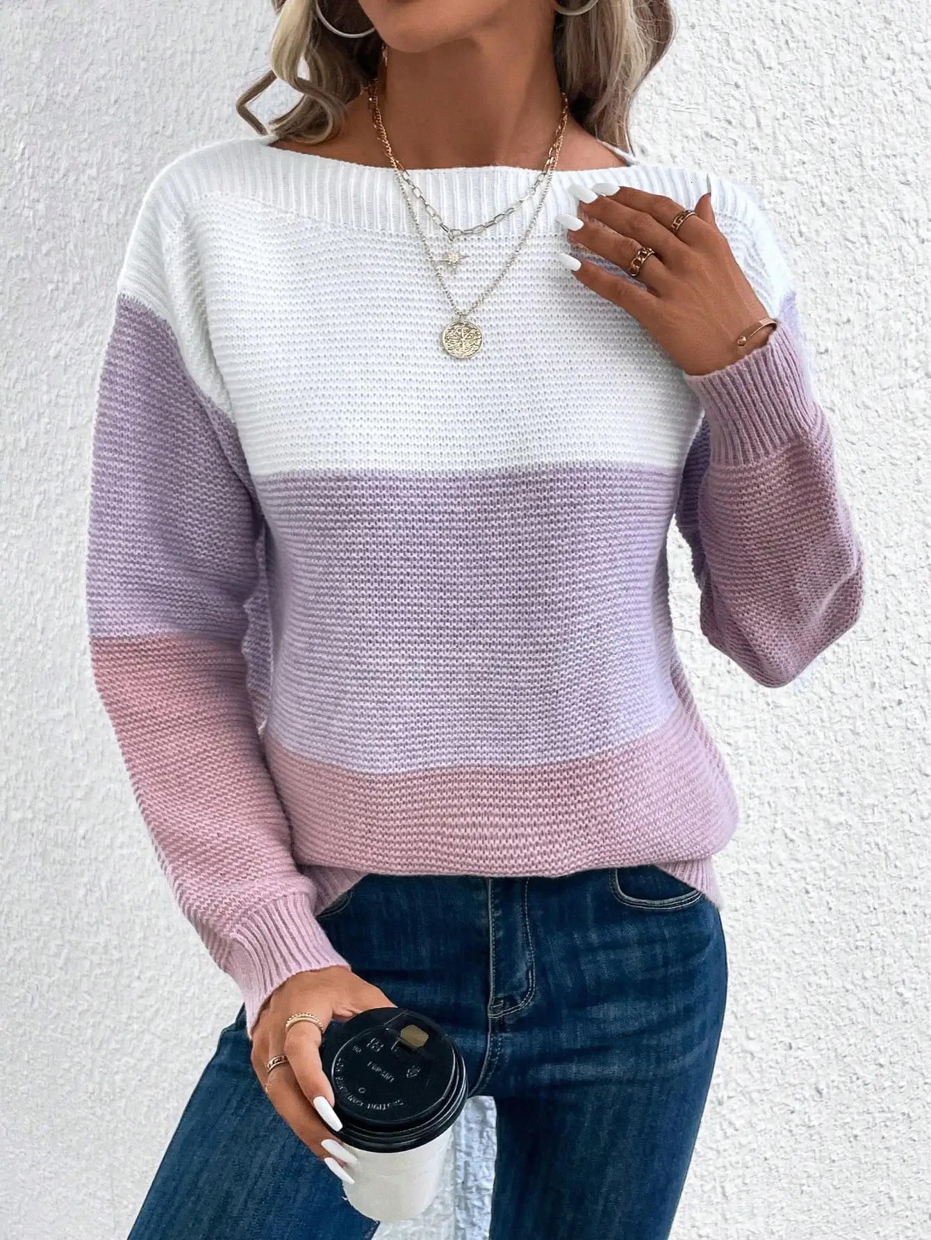 Elegant Threecolor Patchwork Sweater Women Daily Casual Loose Jumpers Female Autumn Winter Knitted Thickened Warm Tops 250530