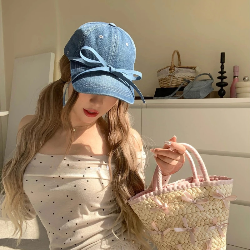 Sweet Bow Diamond Love Denim Baseball Caps Unisex Korean Version Niche Ins Casual Versatile Womens Hats 250603