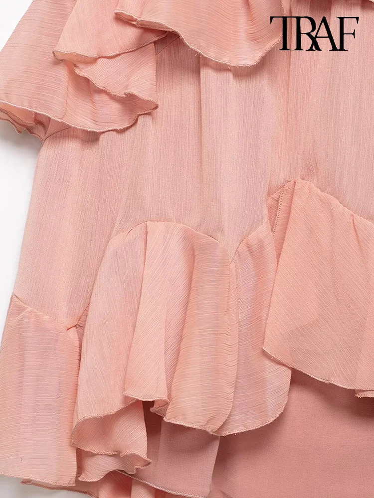 TRAF Womens Fashion Elegant Pink Stacked Embellished Halter Dress Sexy Slim VNeck Sleeveless Back Zipper Short Dresses 250604