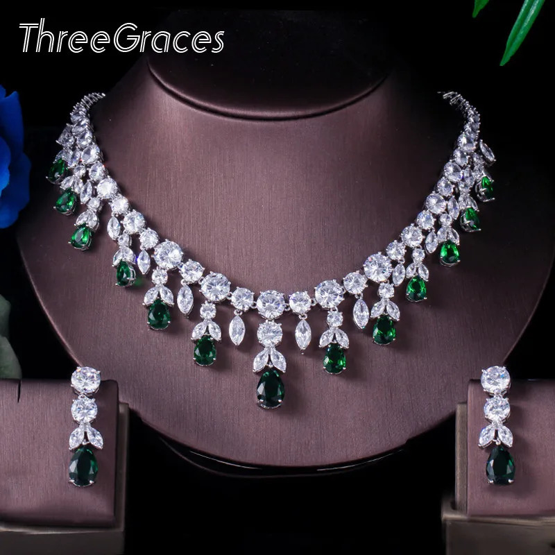 ThreeGraces Green CZ Stone Earrings Necklace Set Brilliant Big Long Drop Wedding Bridal Dress Jewelry Set for Women JS256 250530