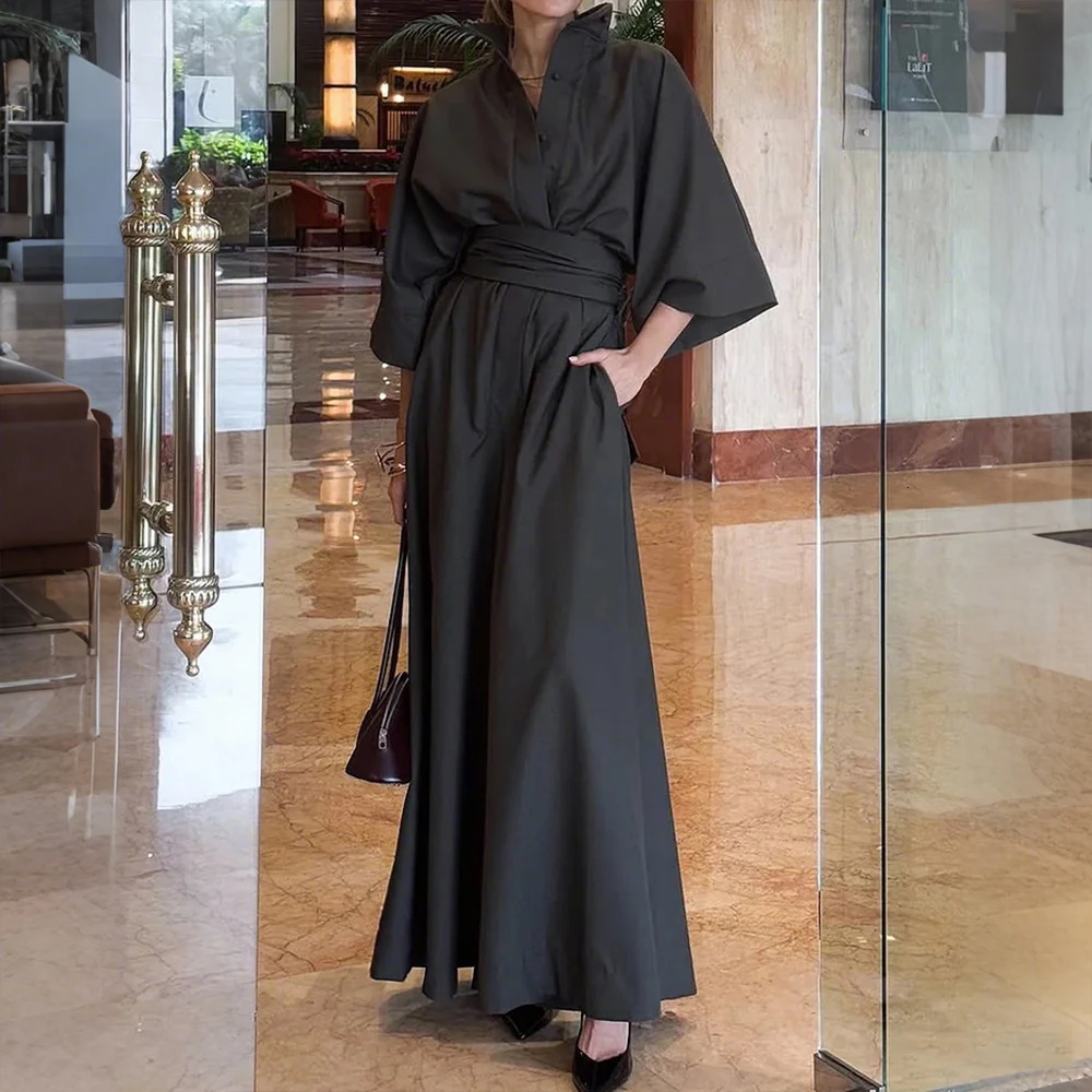 Wefads Half Sleeve V-Neck Women Jumpsuit Fashion Waist Super Long Wide Leg Jumpsuit Lady Casual Loose Pocket Bodysuit 250530