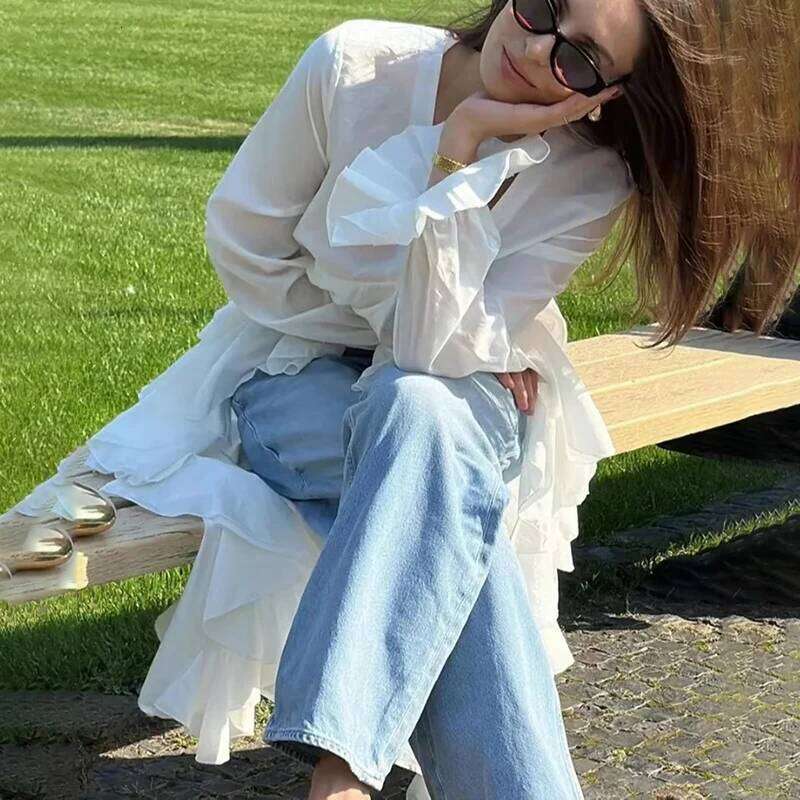 For Women Ruffles V-Neck Sleeve Chic Casual Shirts Spring Summer 2025 New Comfortable Female Fashion Long Blouses